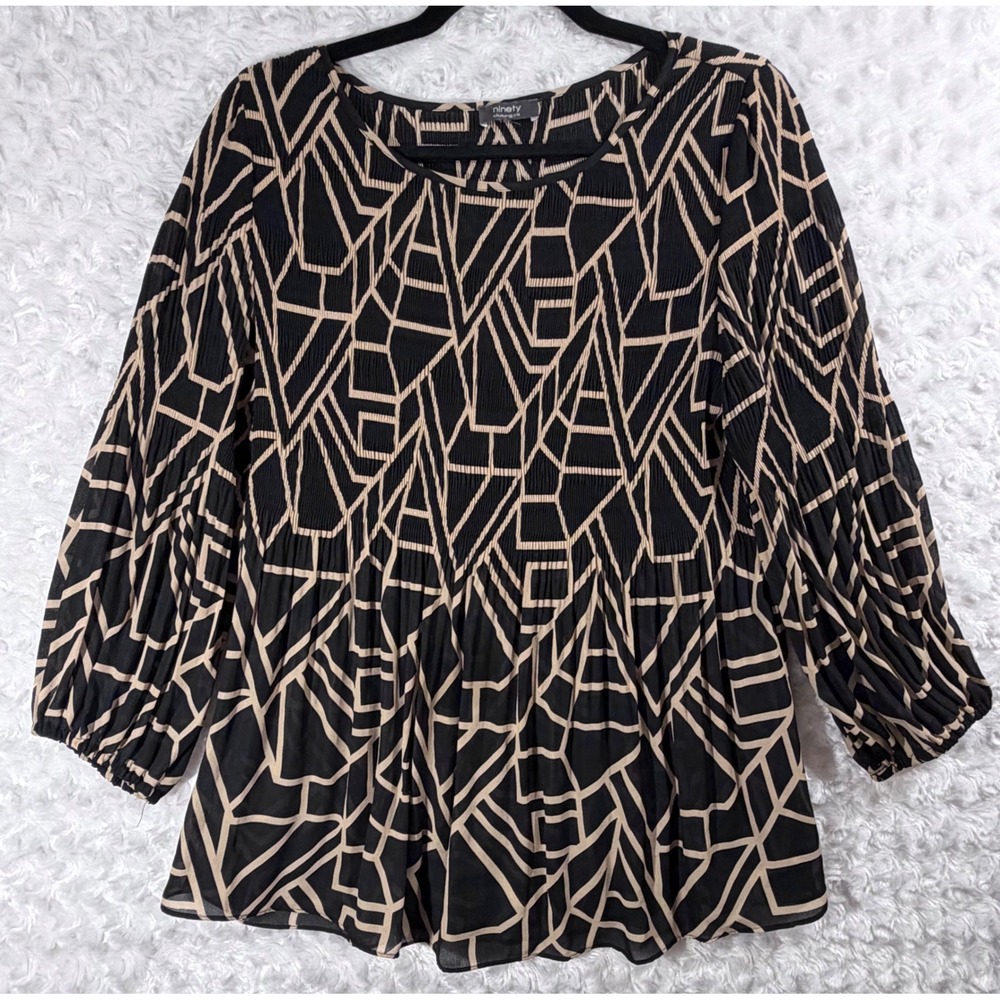 Ninety Clothing Co Size M Geometric Print Smocked Black Tan 3/4 Sleeve Blouse